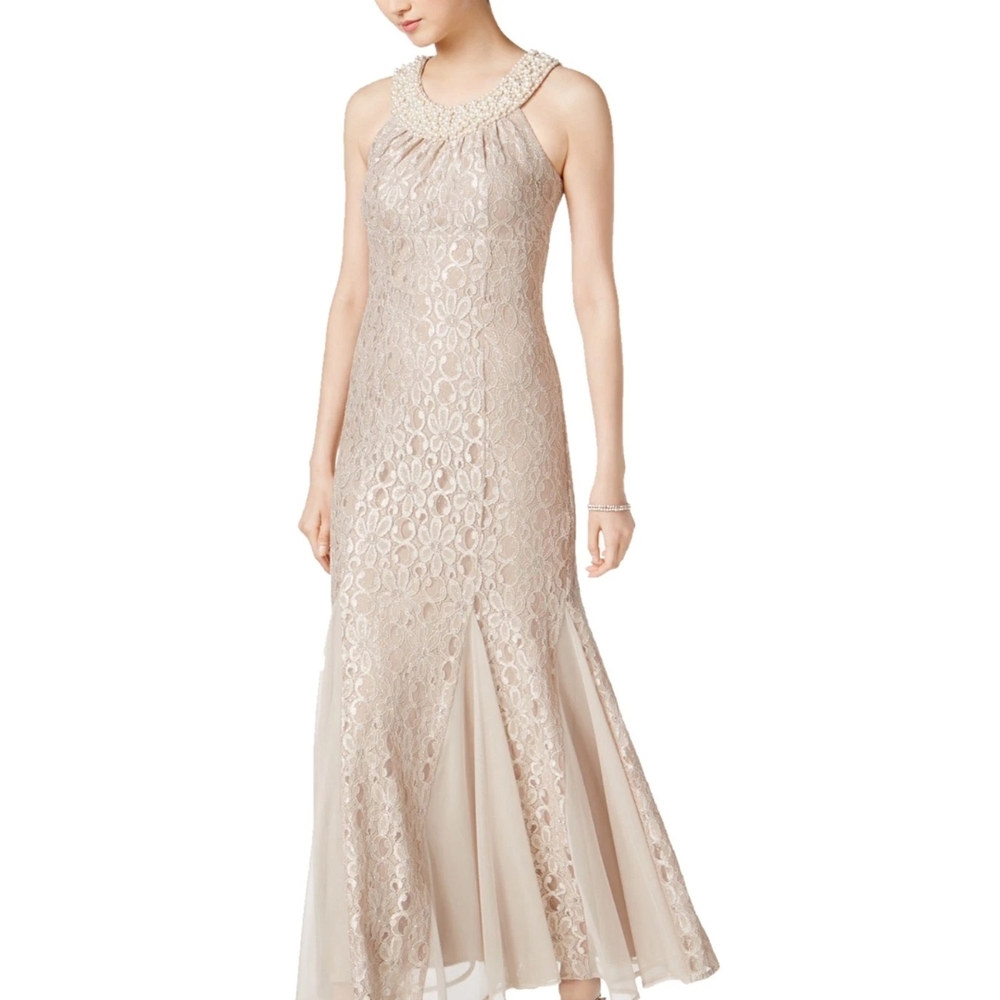 R & M Richards Gold One Shoulder Sleeveless Wedding Gown